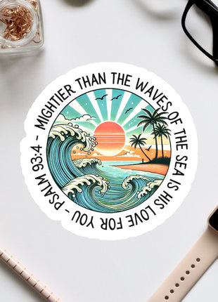 a sticker with a picture of a sunset and a wave