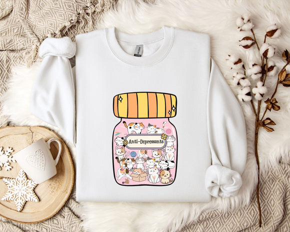 A white sweatshirt with a graphic design of a jar filled with various cartoon animals, including cats and dogs, and the text 