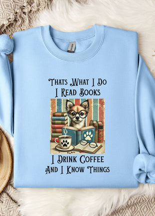 A light blue sweatshirt with a printed design of a cat wearing glasses and surrounded by books, along with text that says "What I do I read books I drink coffee and I know things".