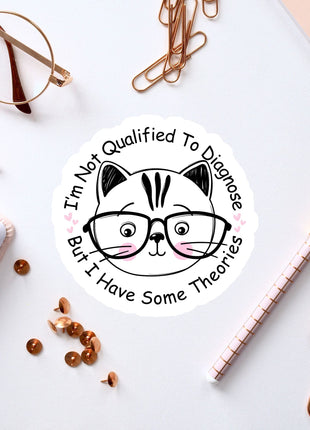 a sticker with a cat wearing glasses and surrounded by various office supplies, such as a pen, a pair of glasses, and a notebook.