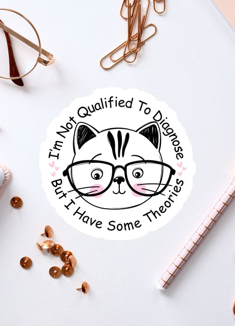 a sticker with a cat wearing glasses and surrounded by various office supplies, such as a pen, a pair of glasses, and a notebook.