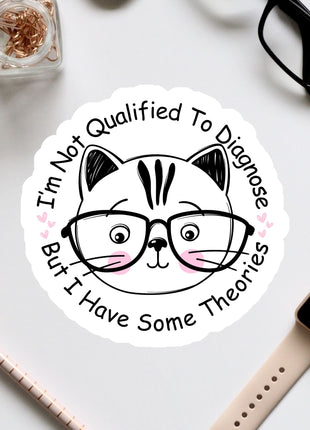 a sticker with a cat wearing glasses and surrounded by various office supplies, including a pair of glasses, a watch, and a pen.