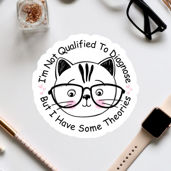 a sticker with a cat wearing glasses and surrounded by various office supplies, including a pair of glasses, a watch, and a pen.