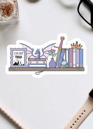 a sticker with a dragon, books, and a sign that says "I do not yield".