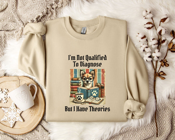 a beige sweatshirt with a printed design of a cat wearing glasses and surrounded by books, along with the text 