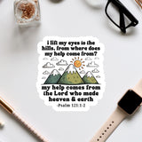 a sticker with a mountain landscape and a Bible verse from Psalm 121:1-2.