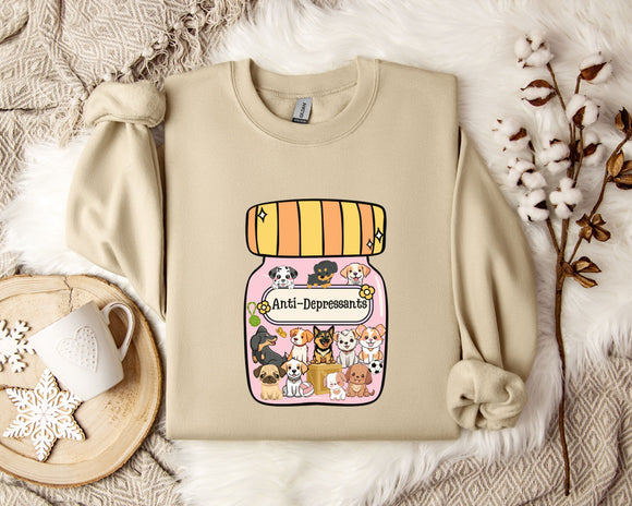 A beige sweatshirt with a graphic design of a jar containing various cartoon animals, including dogs, cats, and birds, along with the text 