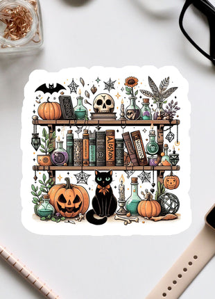 a sticker of a bookshelf with halloween decorations