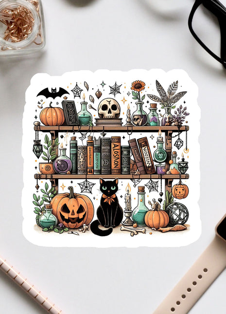 a sticker of a bookshelf with halloween decorations