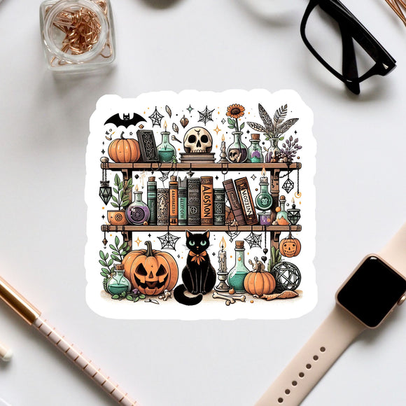 a sticker of a bookshelf with halloween decorations