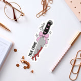 a sticker of a knife with a pink bow on it