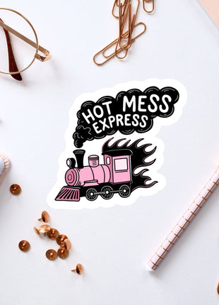 a sticker of a pink train on a white surface