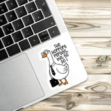 A sticker of a cartoon goose wearing a tie and glasses, sitting on a laptop keyboard.