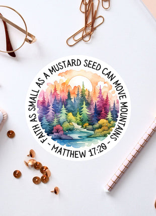 a sticker that says as mustard seed can grow, there is a view of