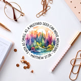 a sticker that says as mustard seed can grow, there is a view of