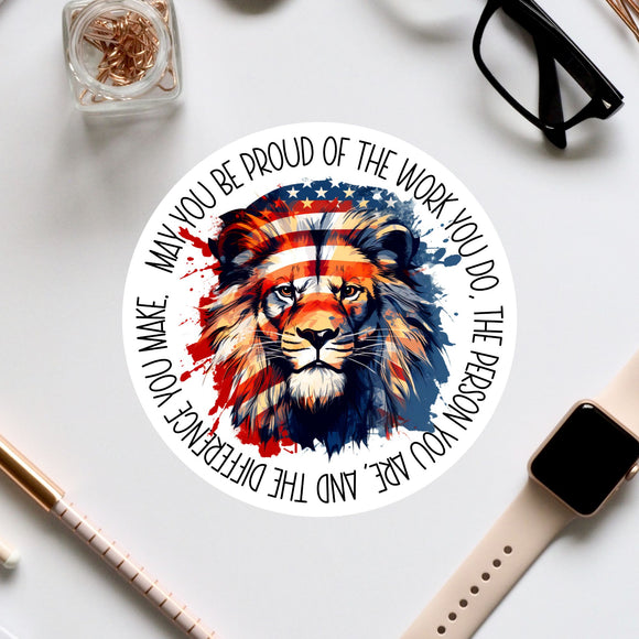 a circular sticker with a lion's face and an American flag design, surrounded by text that reads 