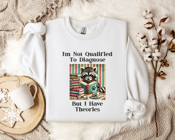 a white t-shirt with a graphic design of a raccoon wearing glasses and surrounded by books, along with text that reads 