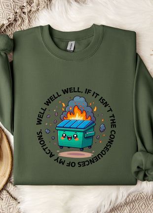 a green sweatshirt with a graphic design depicting a fire-breathing trash can surrounded by flames and smoke. The text around the design reads "WELL WELL, IF IT ISN'T THE CONSEQUENCES OF MY ACTION".
