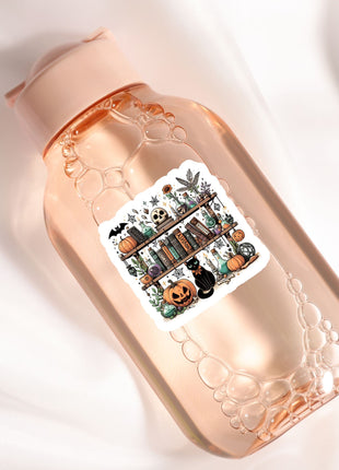 a bottle with a sticker on it sitting on a white surface