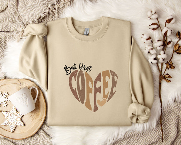 A beige sweatshirt with a heart-shaped design and the text 
