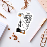 a sticker of a duck wearing glasses and a tie, surrounded by office supplies such as a pen, a notebook, and a pair of glasses.