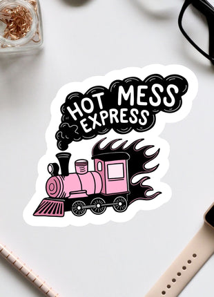 a sticker of a pink train with the words hot mess express on it