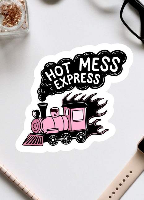 a sticker of a pink train with the words hot mess express on it
