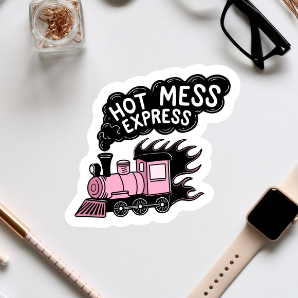 a sticker of a pink train with the words hot mess express on it