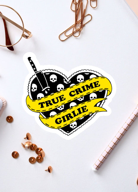 a heart shaped sticker with the words true crime grille on it