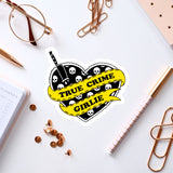 a heart shaped sticker with the words true crime grille on it
