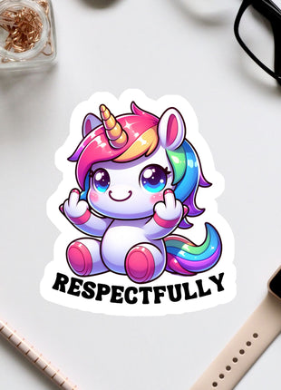 a sticker of a cartoon unicorn with a message that says "RESPECTFULLY".