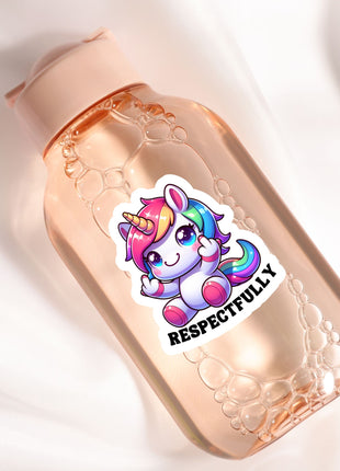 A pink bottle with a sticker of a unicorn and the text "RESPECTFULLY" on it.