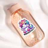 A pink bottle with a sticker of a unicorn and the text "RESPECTFULLY" on it.