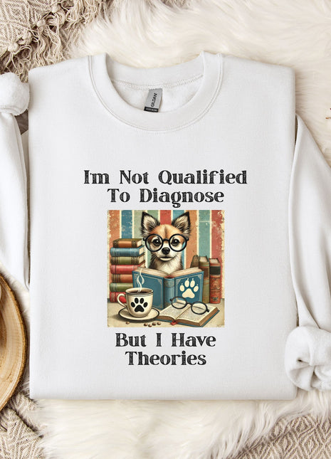 a white t-shirt with a humorous text and an illustration of a cat wearing glasses and surrounded by books.
