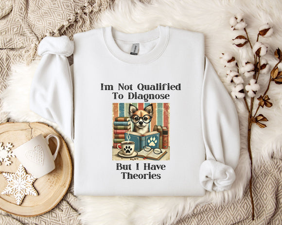 a white t-shirt with a humorous text and an illustration of a cat wearing glasses and surrounded by books.