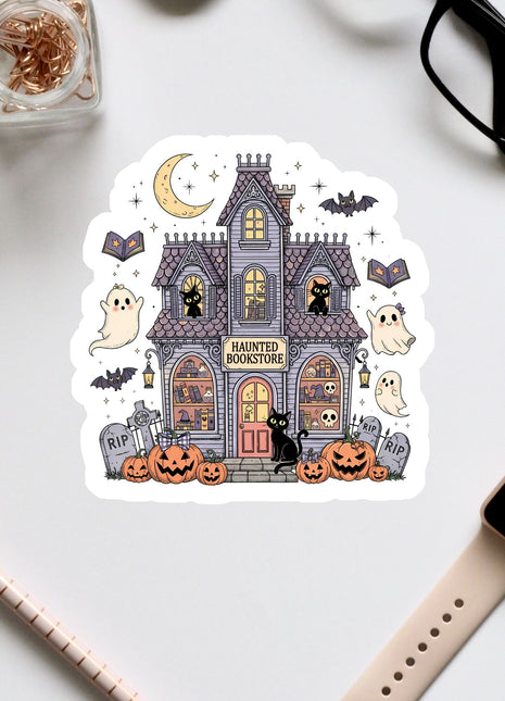 a sticker depicting a spooky house with Halloween-themed decorations, including a crescent moon, bats, pumpkins, and a ghost.