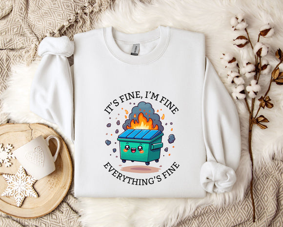 a white sweatshirt with a graphic design depicting a fire-breathing trash can, accompanied by the text 