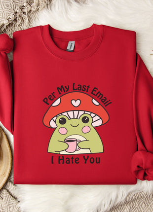 a red sweater with a cartoon frog wearing a red hat and holding a cup, accompanied by a mug and a white flower on a white fur rug.