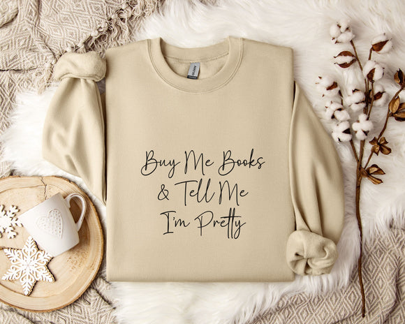 a beige sweatshirt with the text 