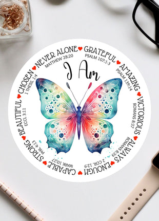 a colorful butterfly on a round sticker