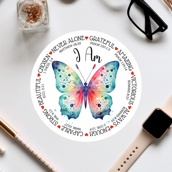 a colorful butterfly on a round sticker