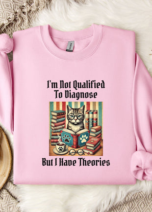 A pink sweatshirt with a cat and books printed on it, along with a mug and a plant, all placed on a white fur rug.