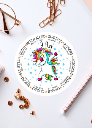 a sticker with a unicorn on it on a table