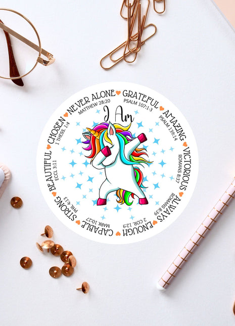 a sticker with a unicorn on it on a table
