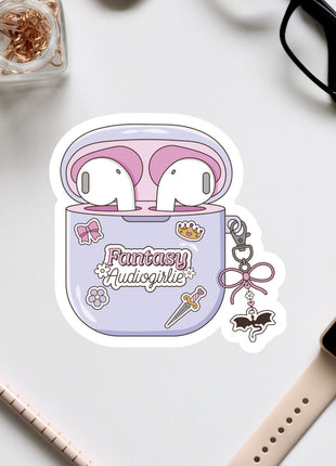 A sticker depicting a pair of earphones in a purple case with the text "Fantasy Audiogirl" and various decorative elements.