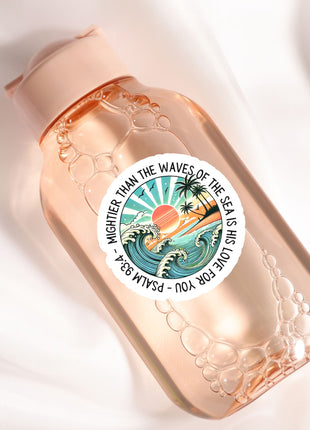 a bottle with a sticker on it sitting on a white surface