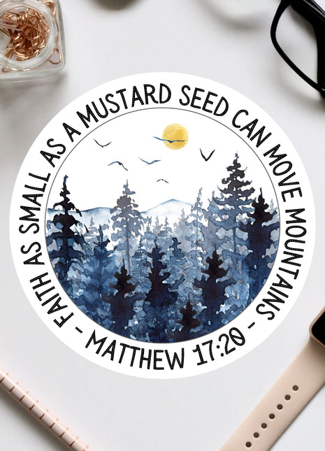a sticker with a picture of a forest and the words, small as mustard