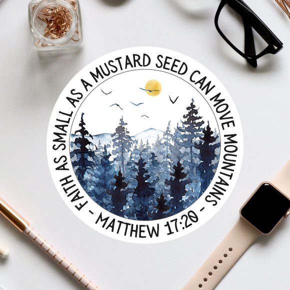 a sticker with a picture of a forest and the words, small as mustard