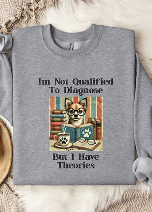 a gray sweatshirt with a humorous text and an illustration of a cat wearing glasses and surrounded by books.