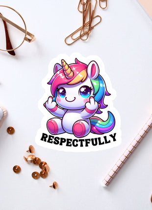 a sticker of a unicorn with a peace sign, surrounded by various office supplies such as pens, paper clips, and a notebook.